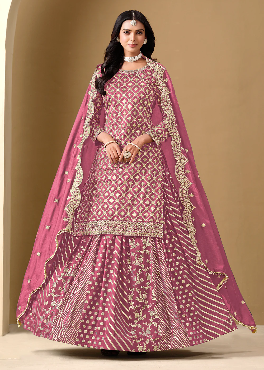 Alluring Pink Lehenga Style Embroidered Festive Dress - Image 3