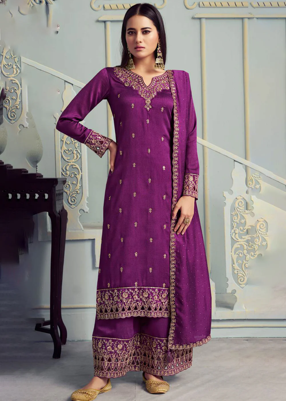 Alluring Purple Embroidered Silk Georgette Festive Salwar Suit