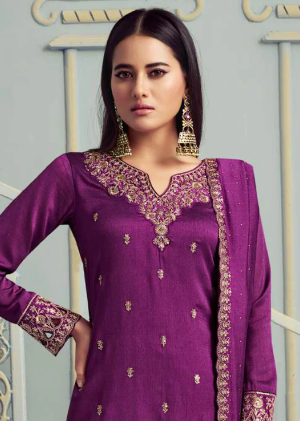Alluring Purple Embroidered Silk Georgette Festive Salwar Suit - Image 2