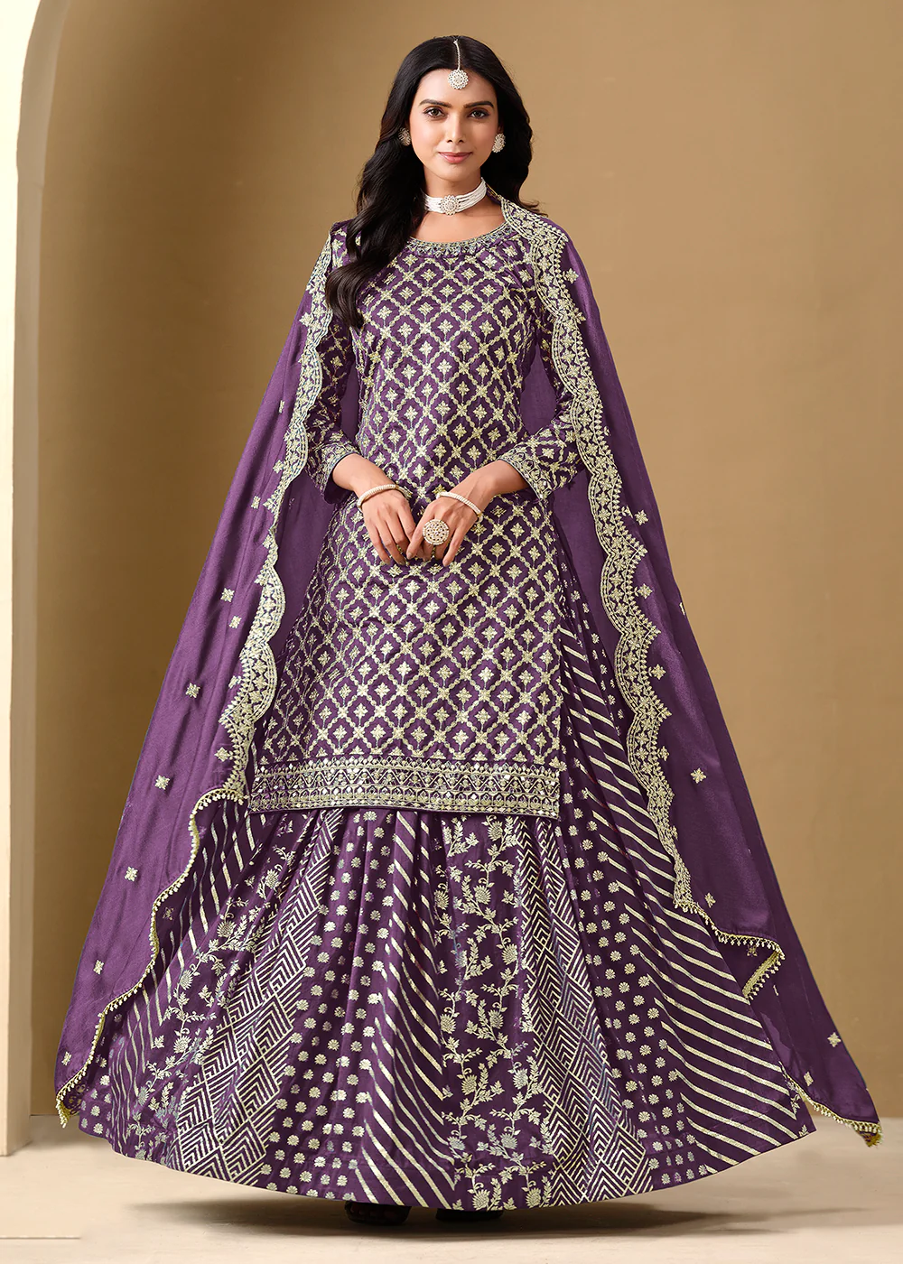 Alluring Purple Lehenga Style Embroidered Festive Dress - Image 3