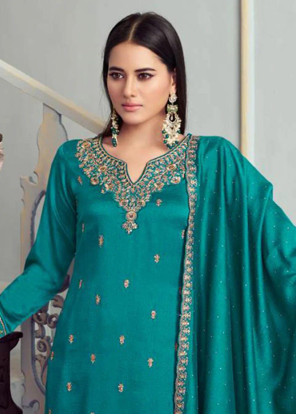 Alluring Teal Embroidered Silk Georgette Festive Salwar Suit - Image 2