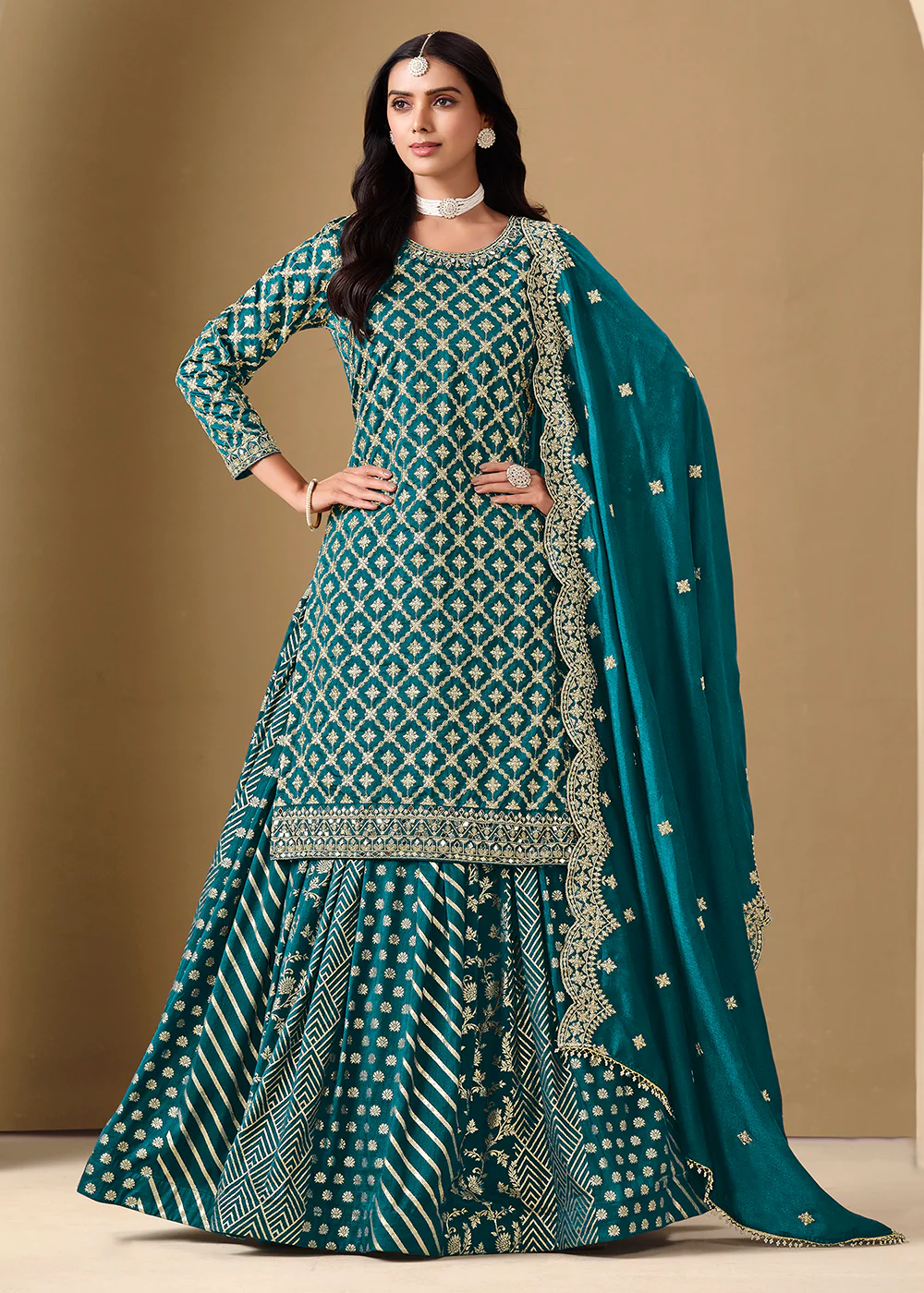 Alluring Teal Lehenga Style Embroidered Festive Dress