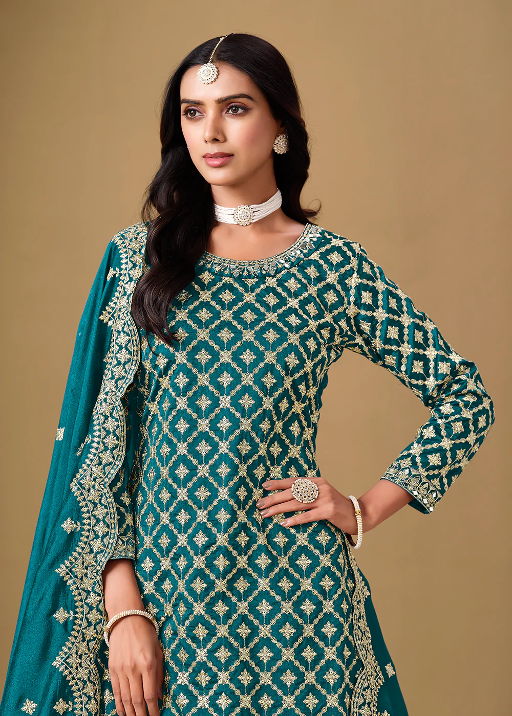Alluring Teal Lehenga Style Embroidered Festive Dress - Image 2