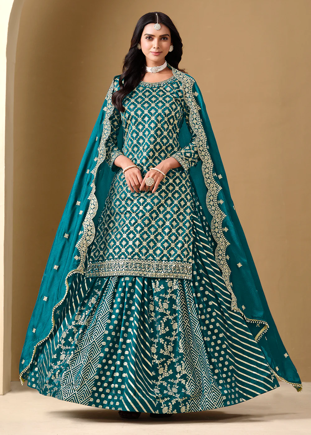 Alluring Teal Lehenga Style Embroidered Festive Dress - Image 3
