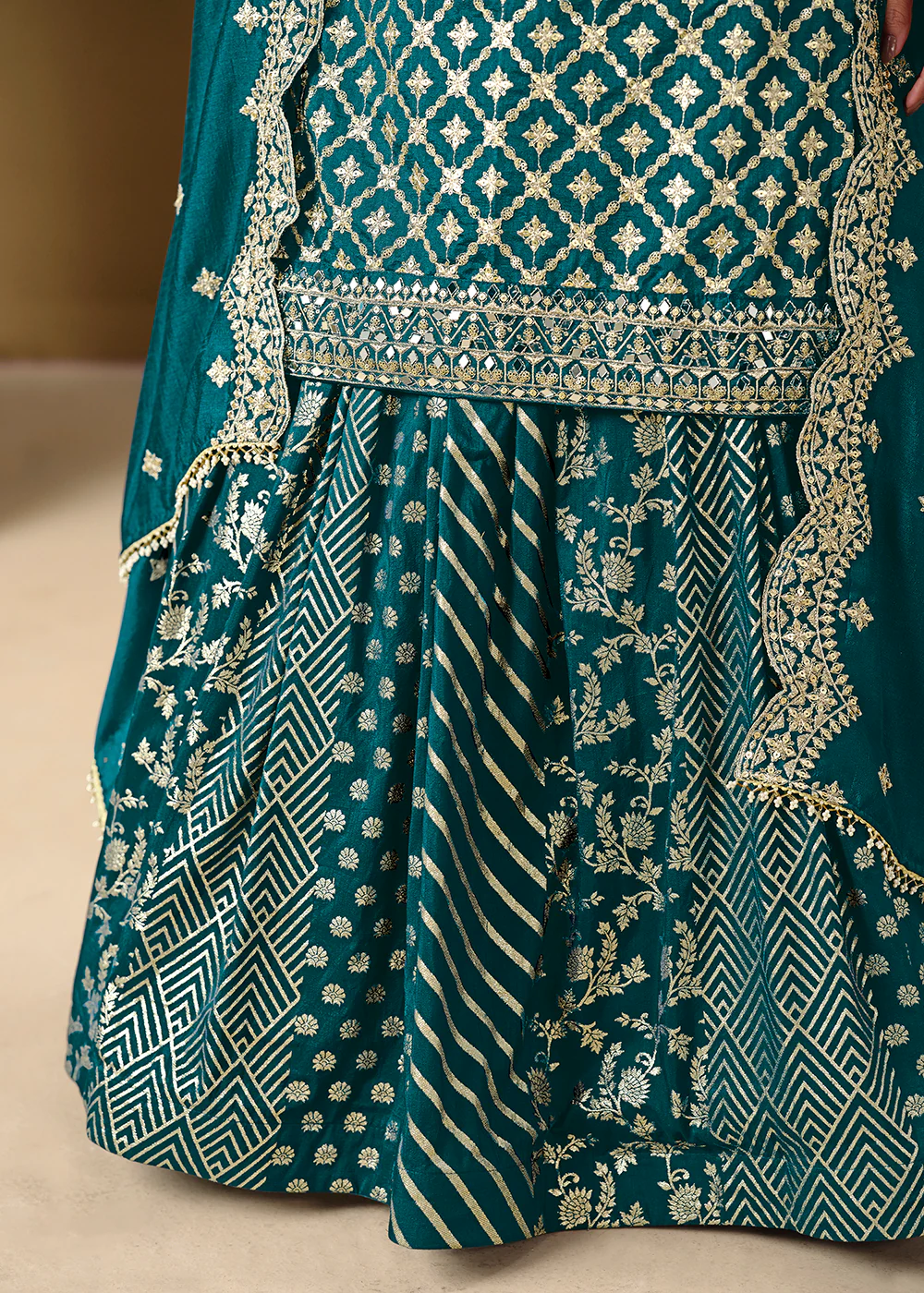 Alluring Teal Lehenga Style Embroidered Festive Dress - Image 4
