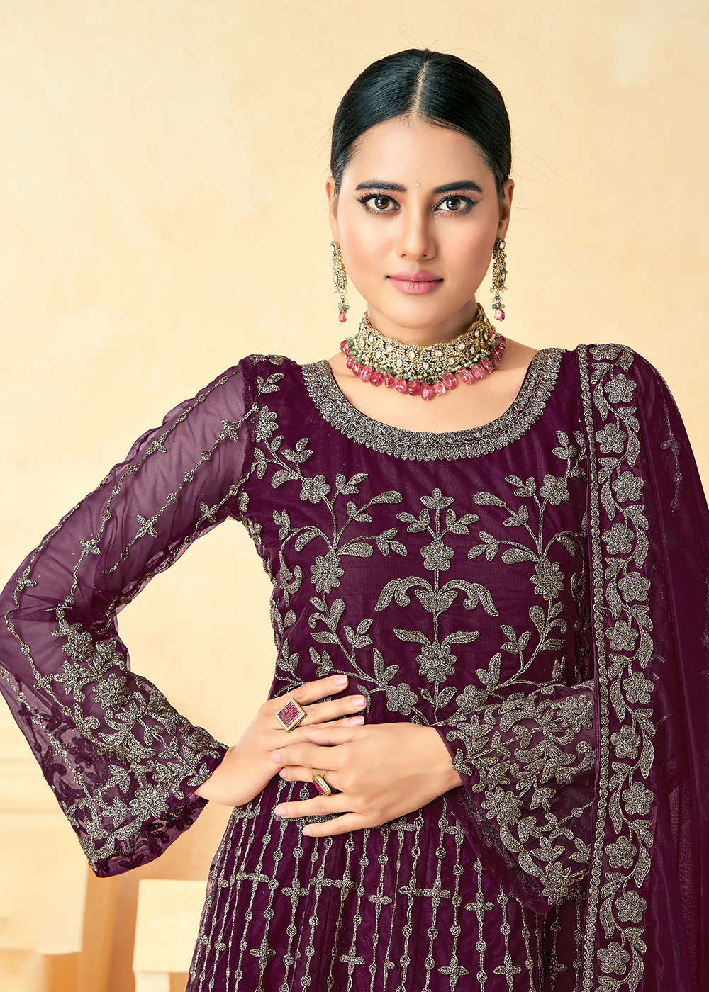 Alluring Wine Purple Net Wedding Wear Anarkali Dress - Image 2