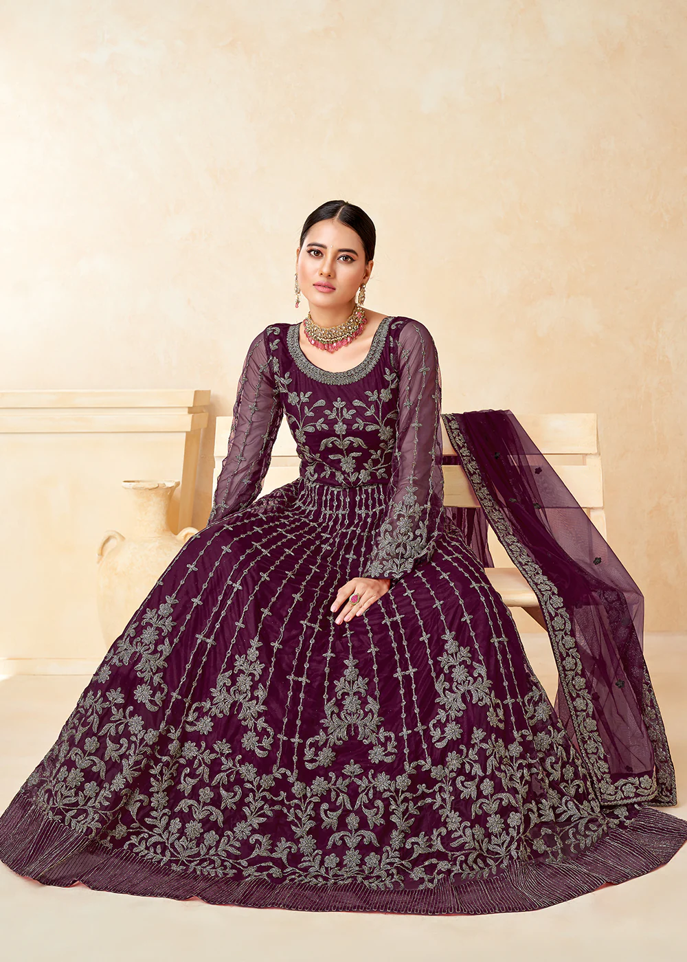 Alluring Wine Purple Net Wedding Wear Anarkali Dress - Image 3