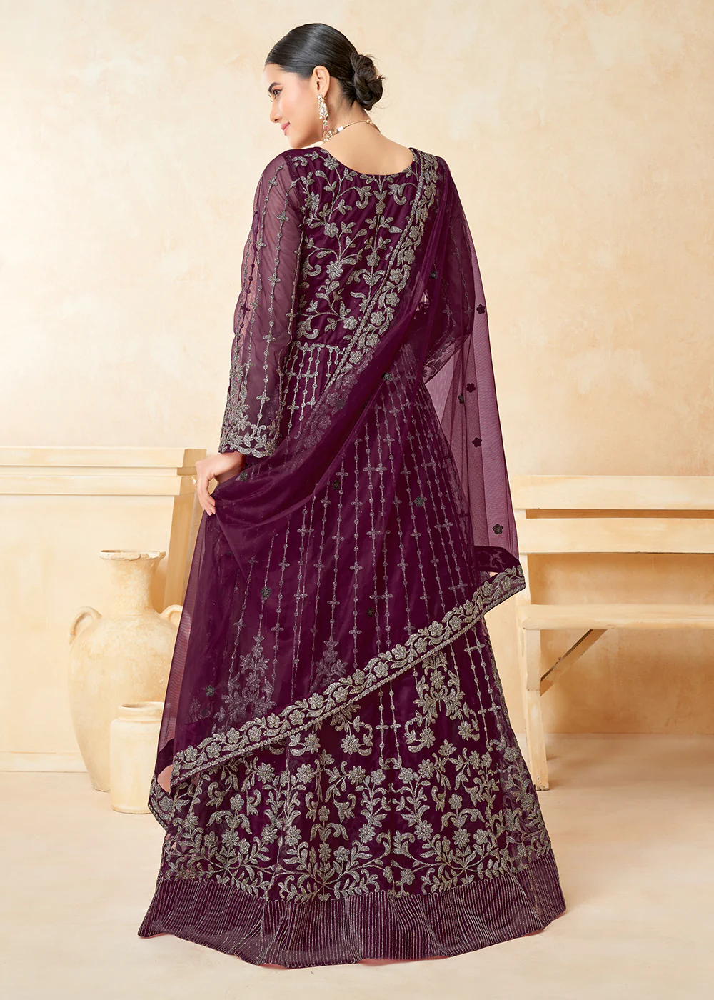 Alluring Wine Purple Net Wedding Wear Anarkali Dress - Image 4