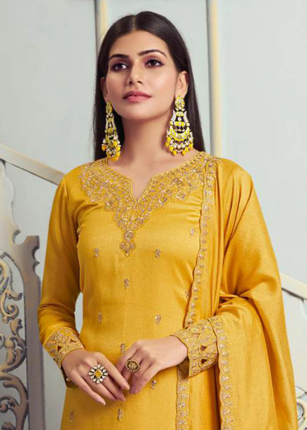 Alluring Yellow Embroidered Silk Georgette Festive Salwar Suit - Image 2