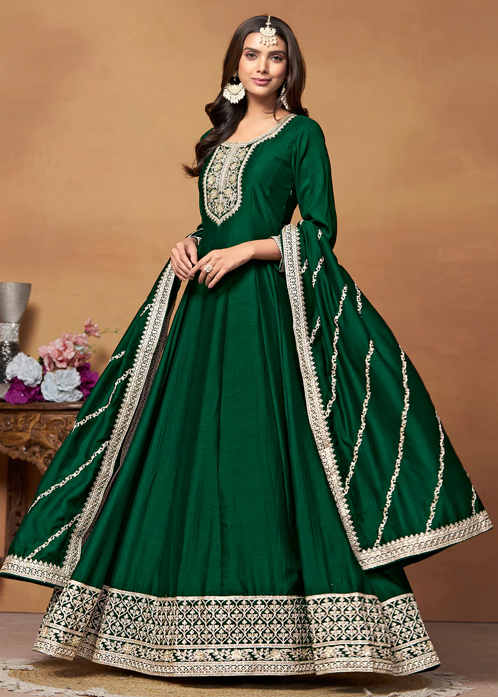 Amazing Art Silk Green Embroidered Festive Anarkali Suit - Image 3