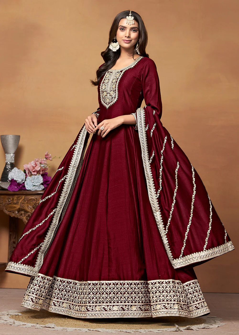 Amazing Art Silk Maroon Embroidered Festive Anarkali Suit - Image 3