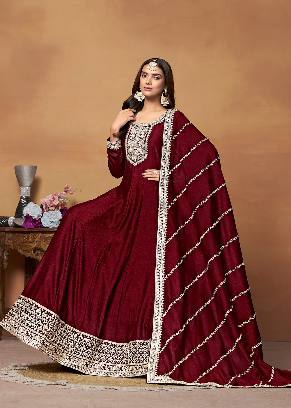 Amazing Art Silk Maroon Embroidered Festive Anarkali Suit - Image 4