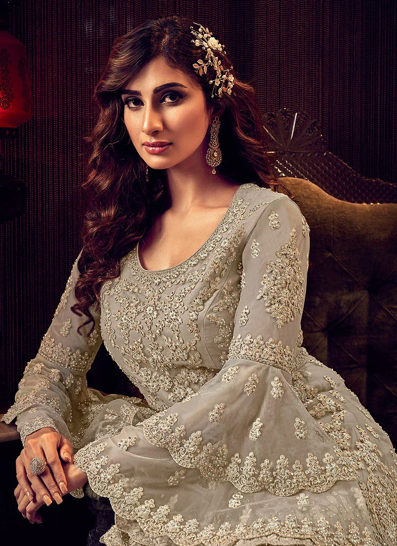 Amazing Beige Embroidered Party Wear Sharara Suit - Image 2