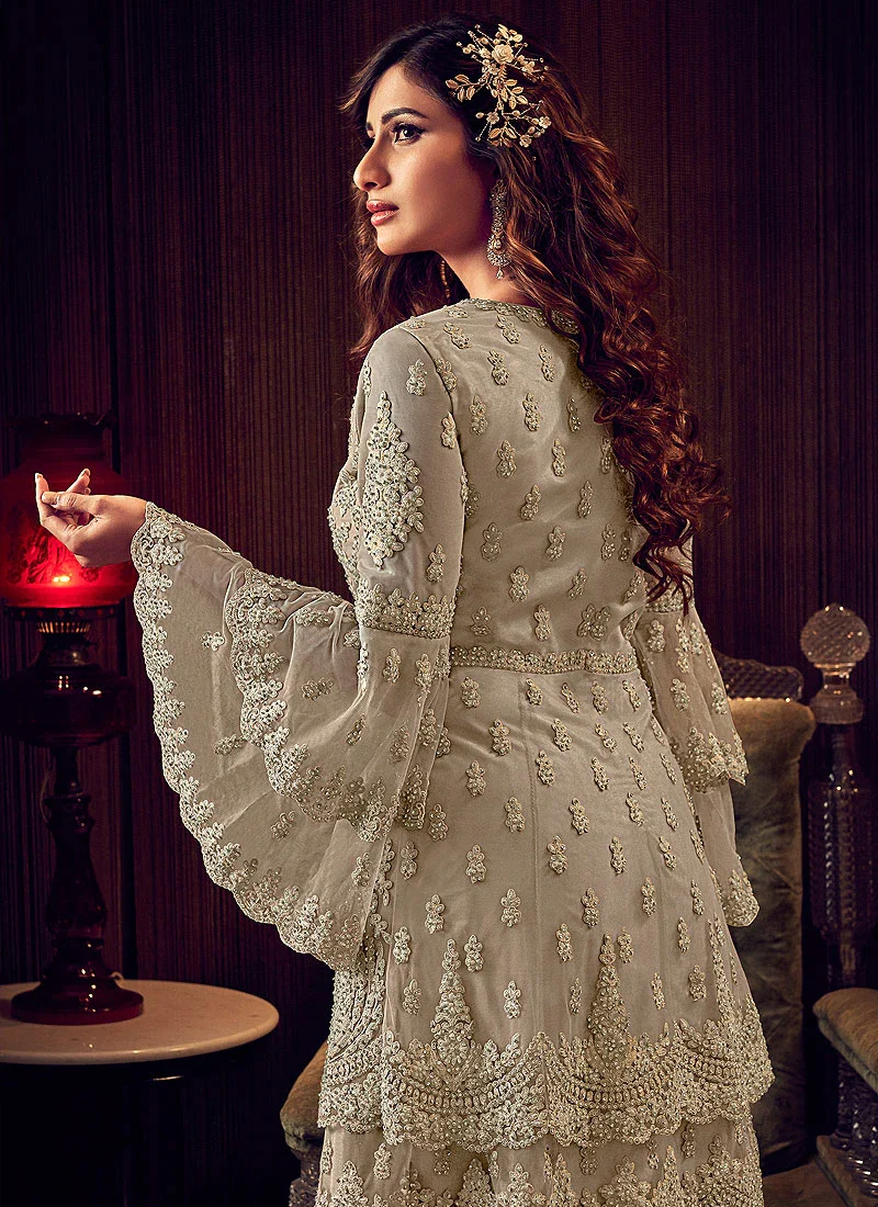 Amazing Beige Embroidered Party Wear Sharara Suit - Image 3