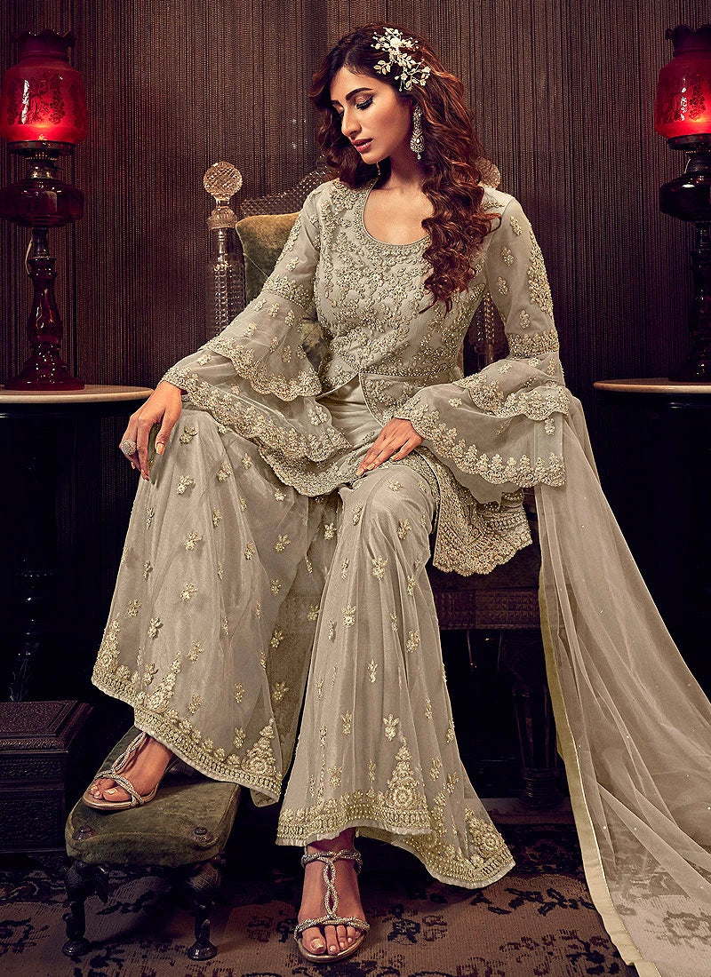 Amazing Beige Embroidered Party Wear Sharara Suit - Image 4