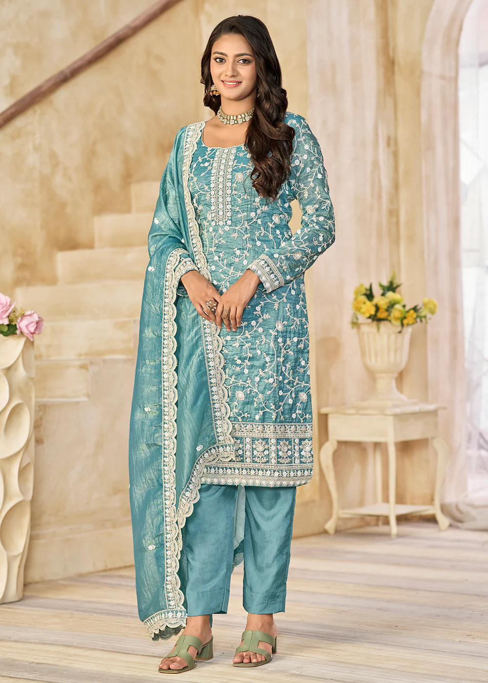 Amazing Blue Organza Material Pant Style Suit