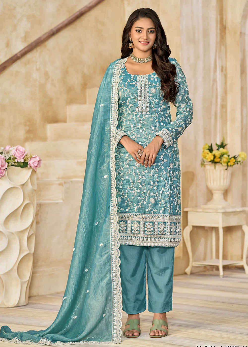 Amazing Blue Organza Material Pant Style Suit - Image 3