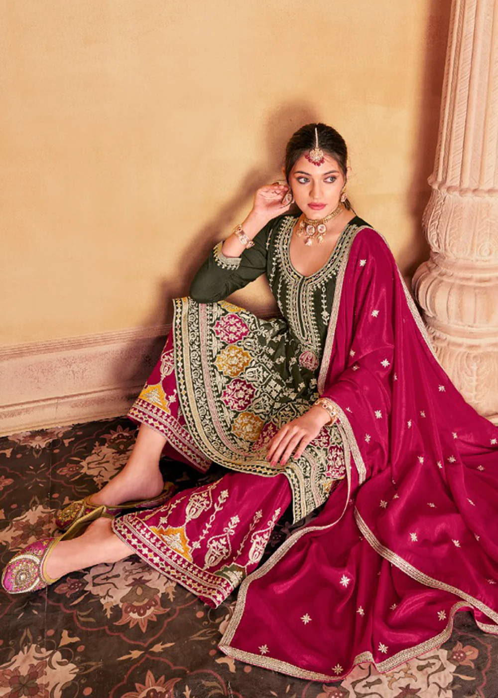 Amazing Green Heavy Chinnon Embroidered Palazzo Style Suit - Image 3