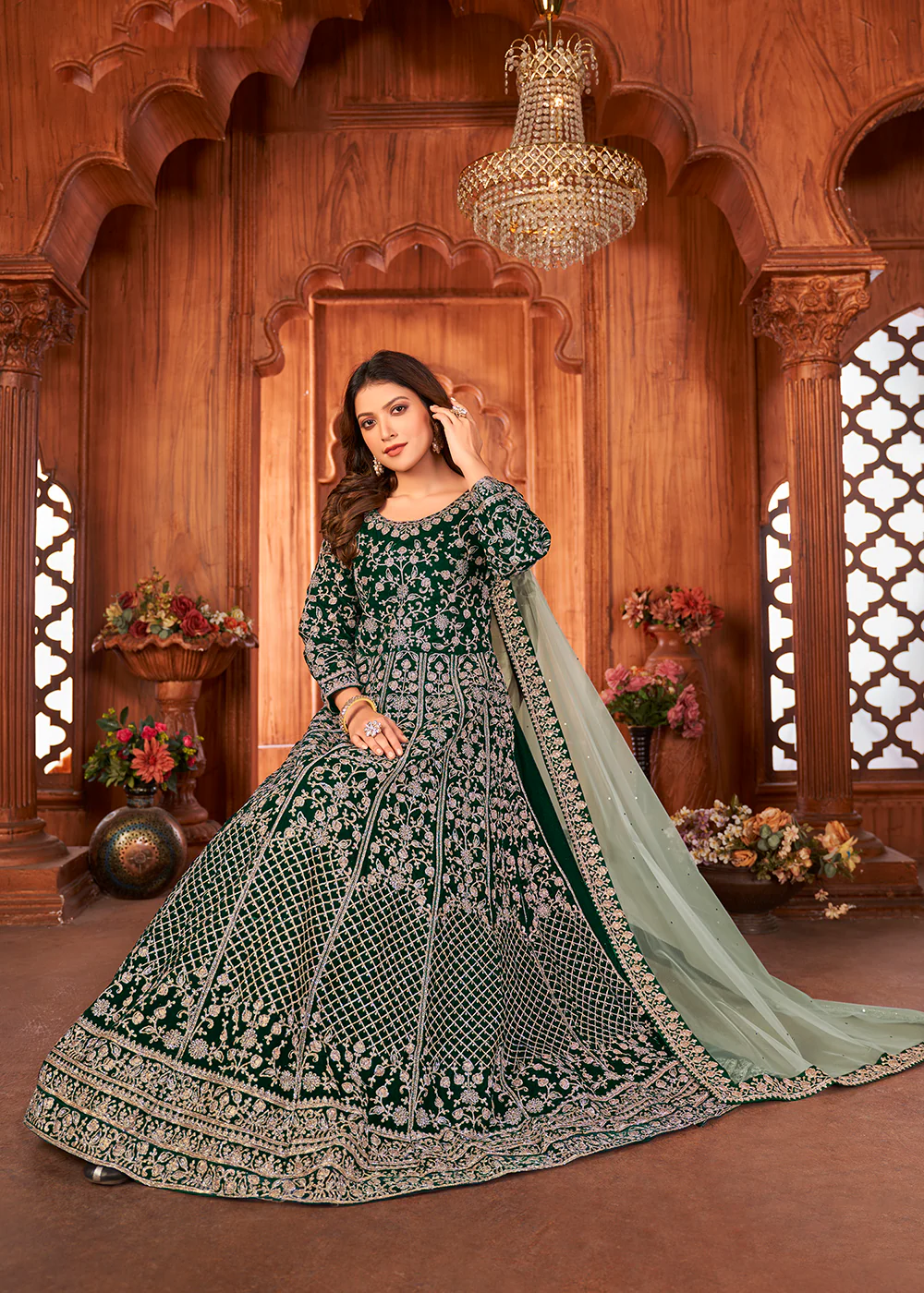 Amazing Green Velvet Wedding Function Wear Anarkali Suit - Image 3