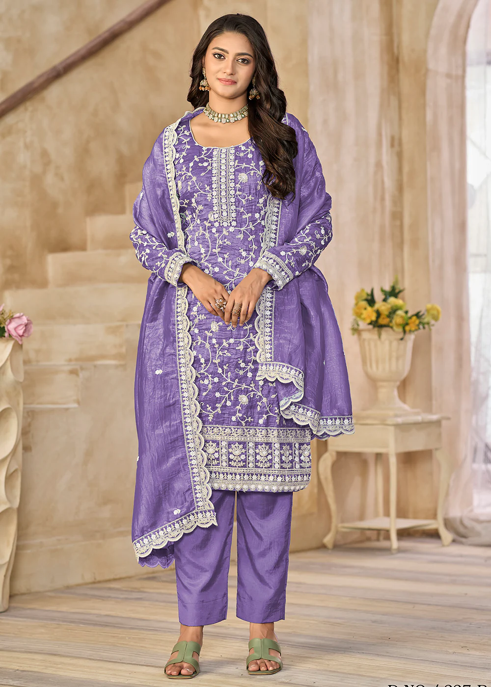 Amazing Lavender Organza Material Pant Style Suit - Image 4