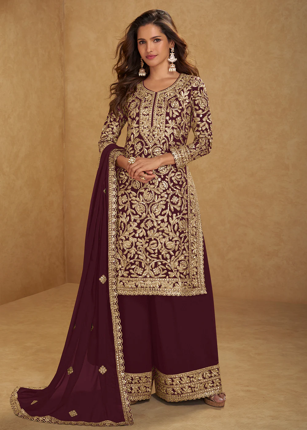 Amazing Maroon Embroidered Georgette Palazzo Style Suit