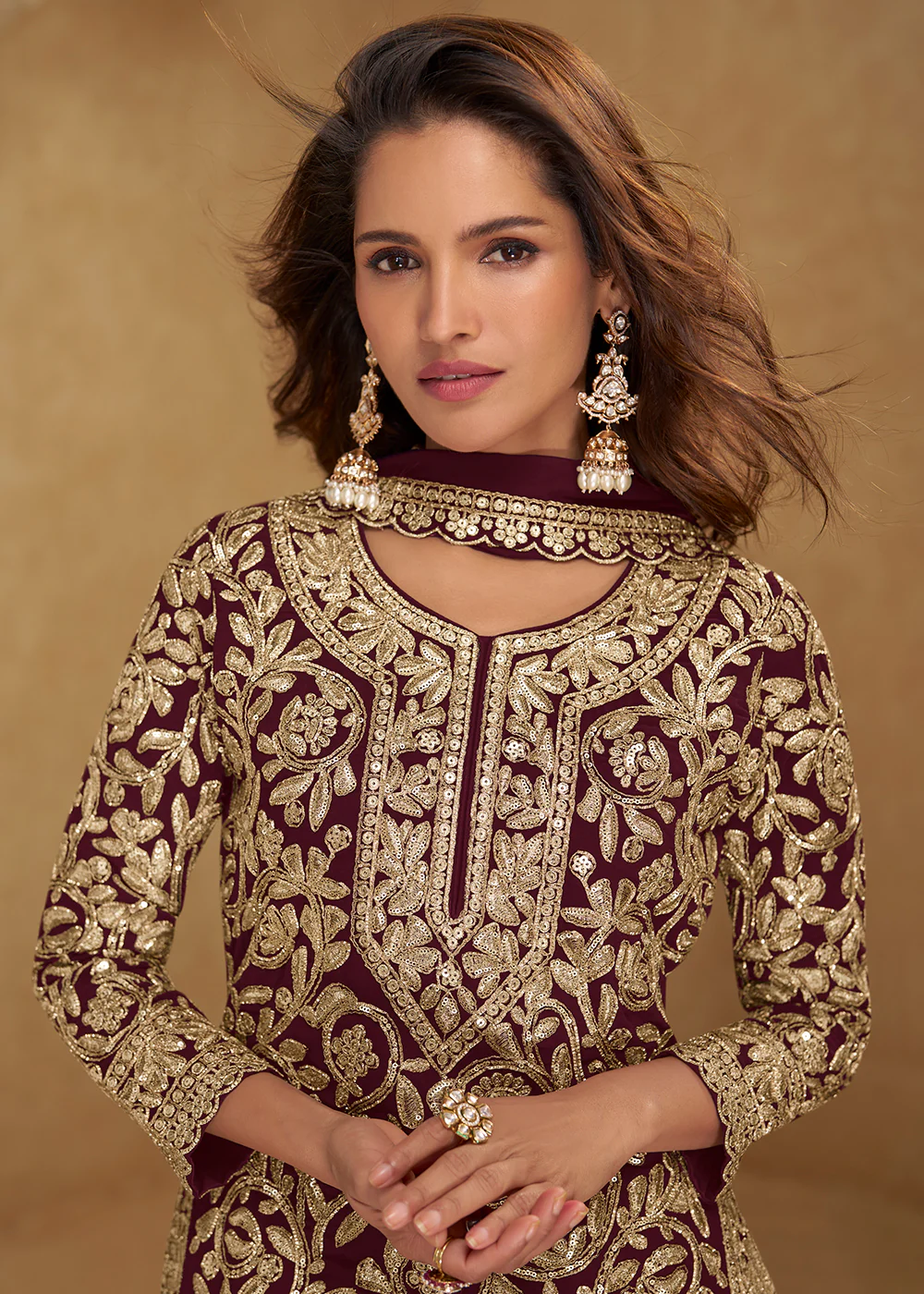 Amazing Maroon Embroidered Georgette Palazzo Style Suit - Image 2