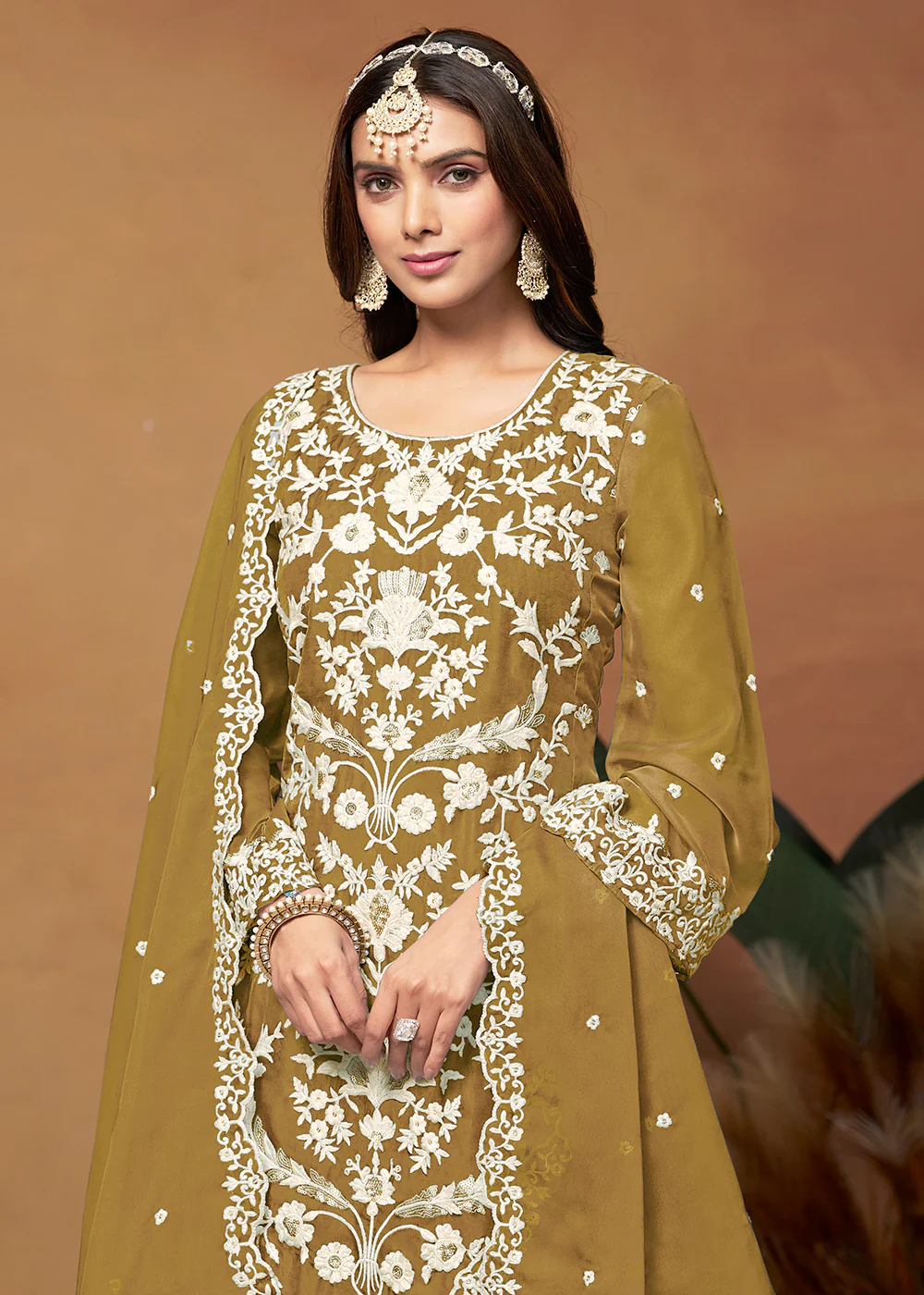 Amazing Mustard Organza Embroidered Designer Salwar Suit - Image 2