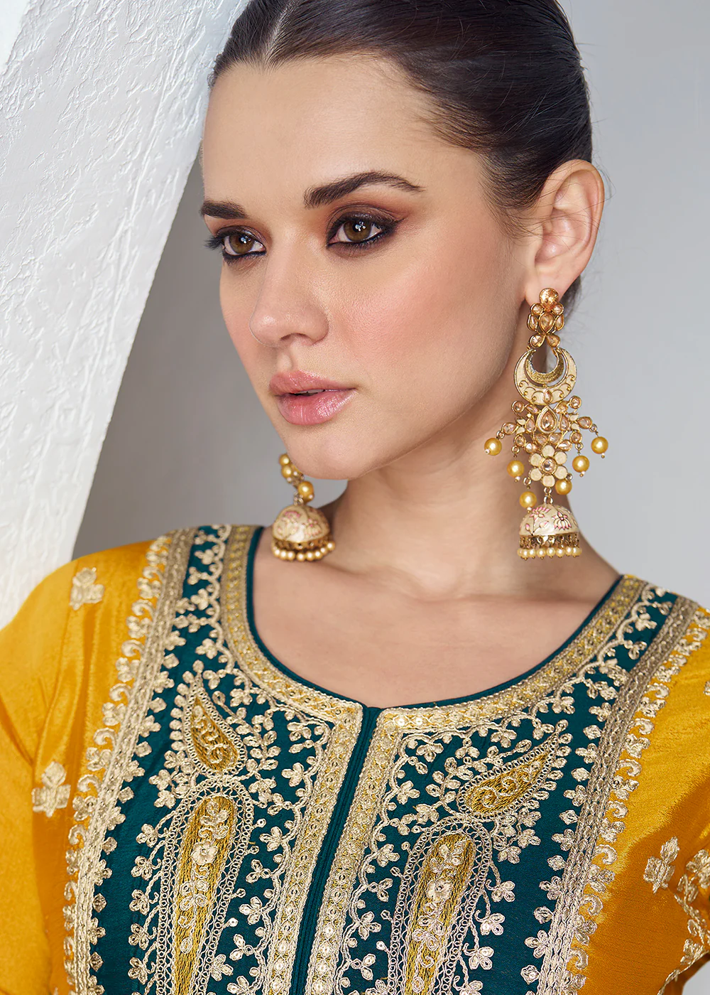 Amazing Mustard & Teal Chinnon Silk Wedding Festive Palazzo Suit - Image 2