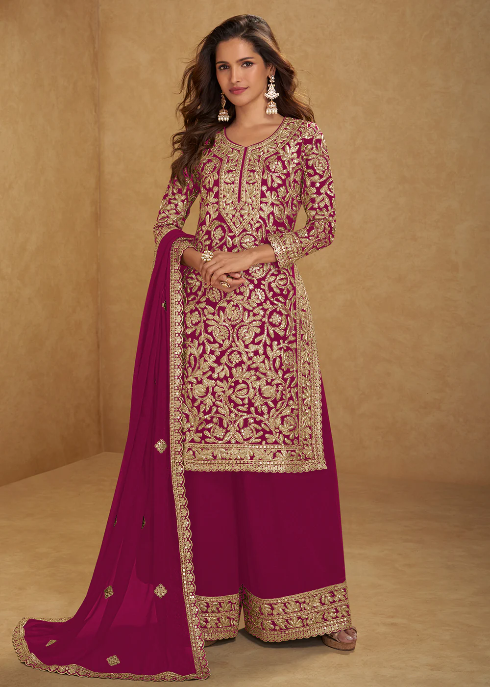 Amazing Pink Embroidered Georgette Palazzo Style Suit