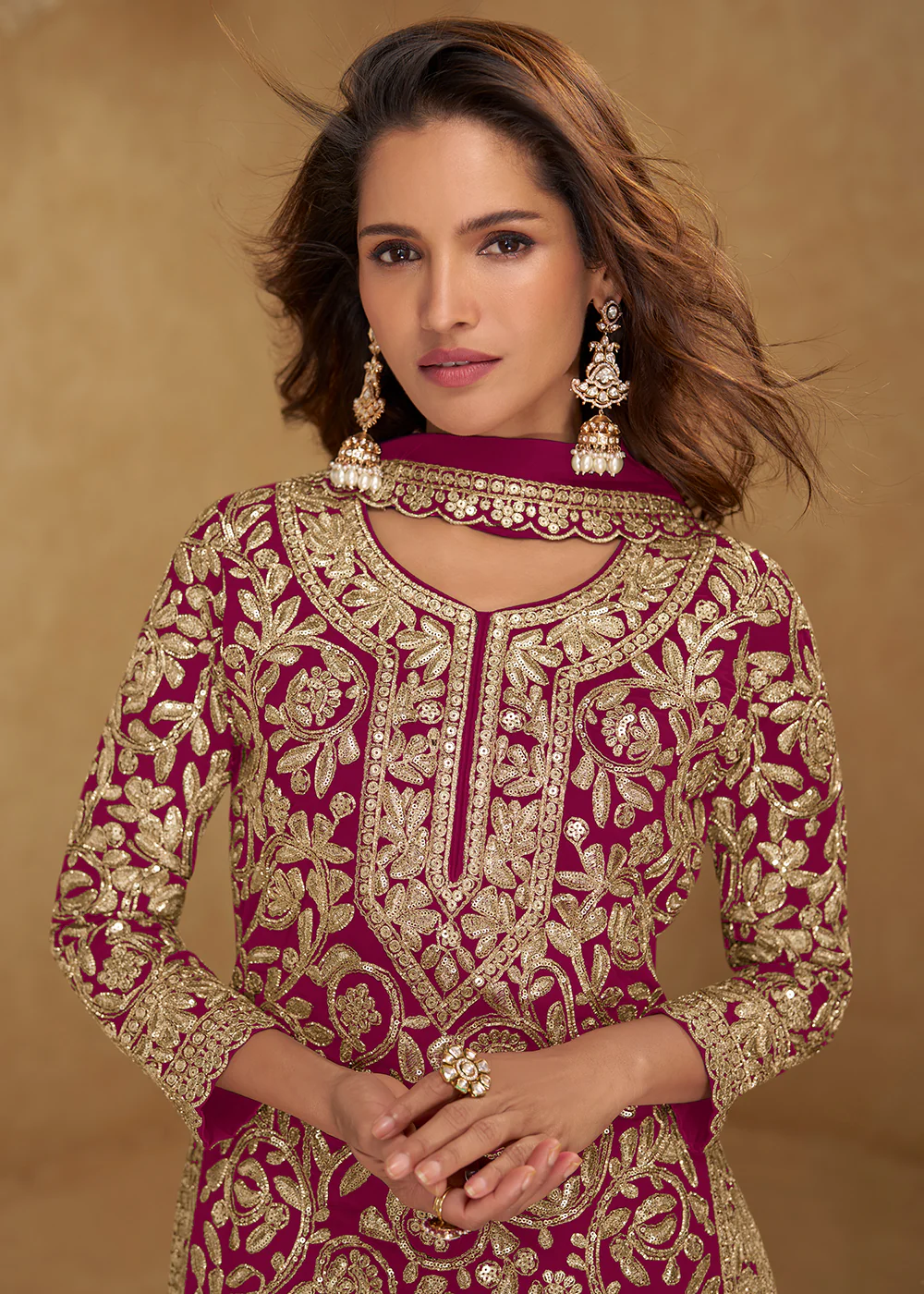 Amazing Pink Embroidered Georgette Palazzo Style Suit - Image 2