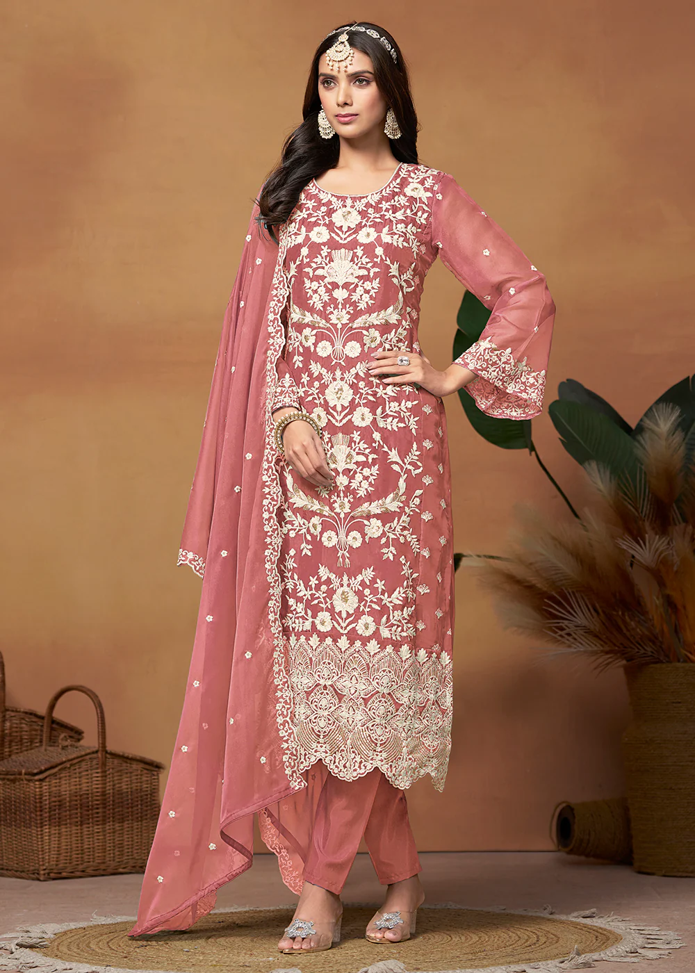 Amazing Pink Organza Embroidered Designer Salwar Suit