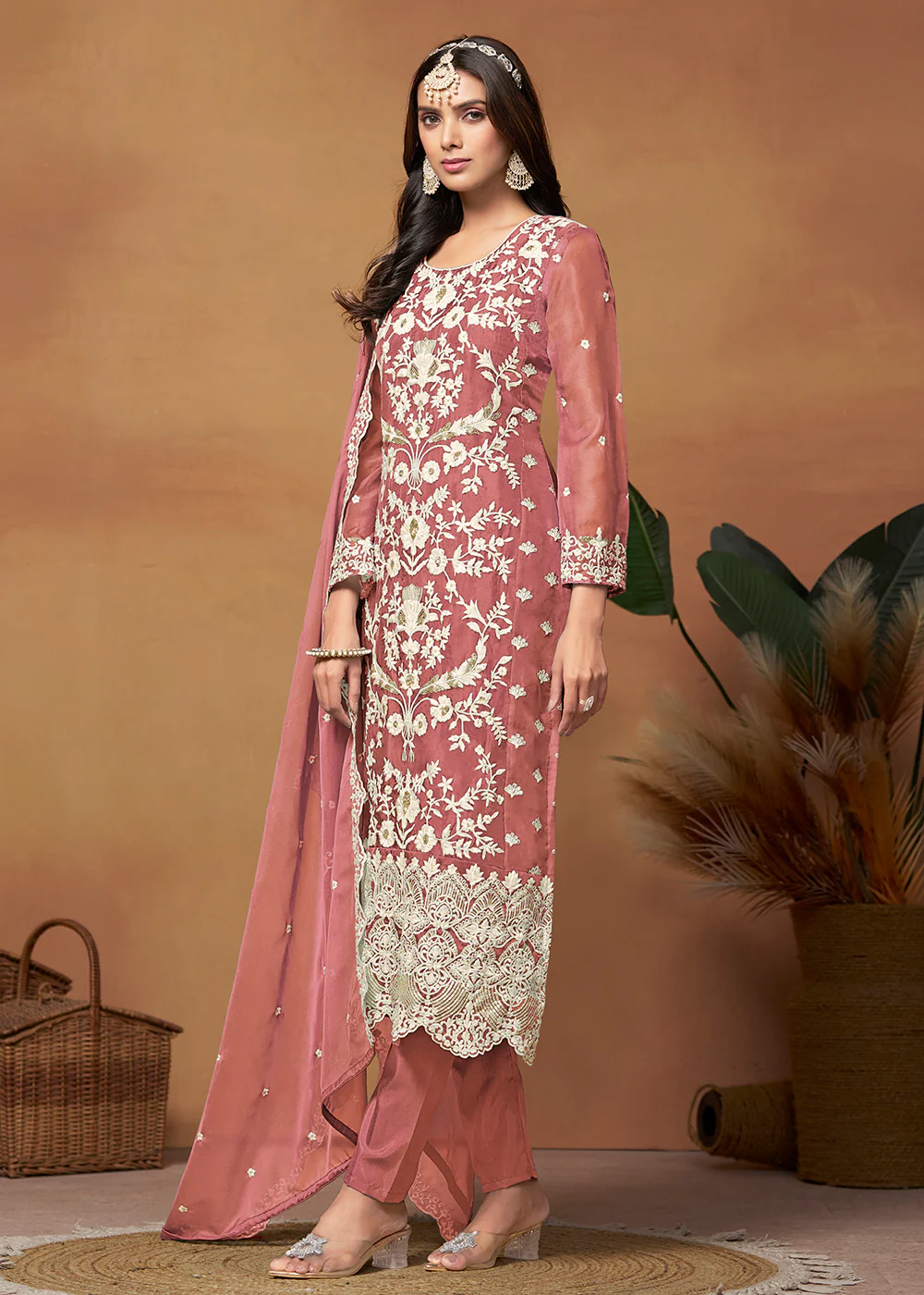 Amazing Pink Organza Embroidered Designer Salwar Suit - Image 3