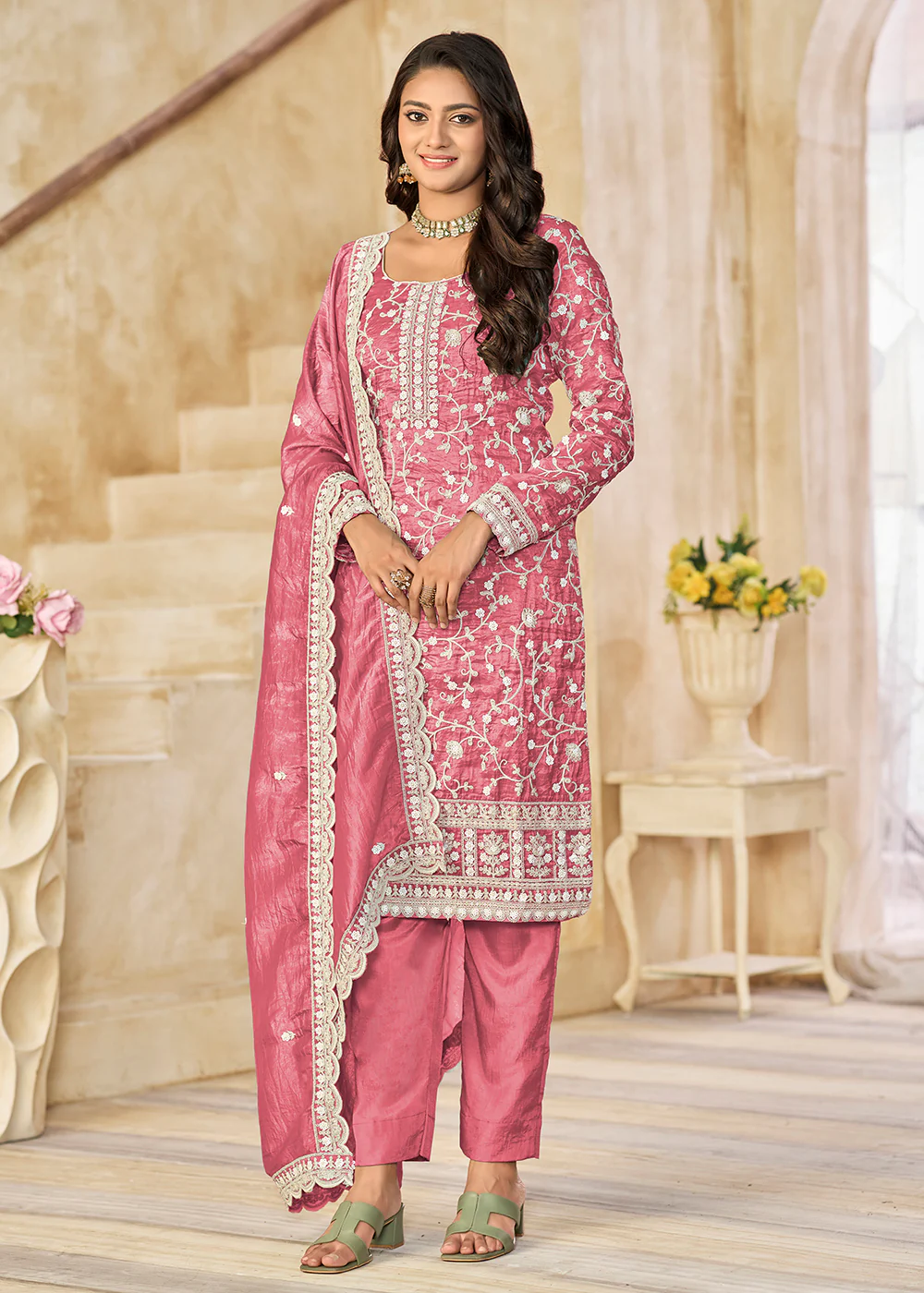 Amazing Pink Organza Material Pant Style Suit