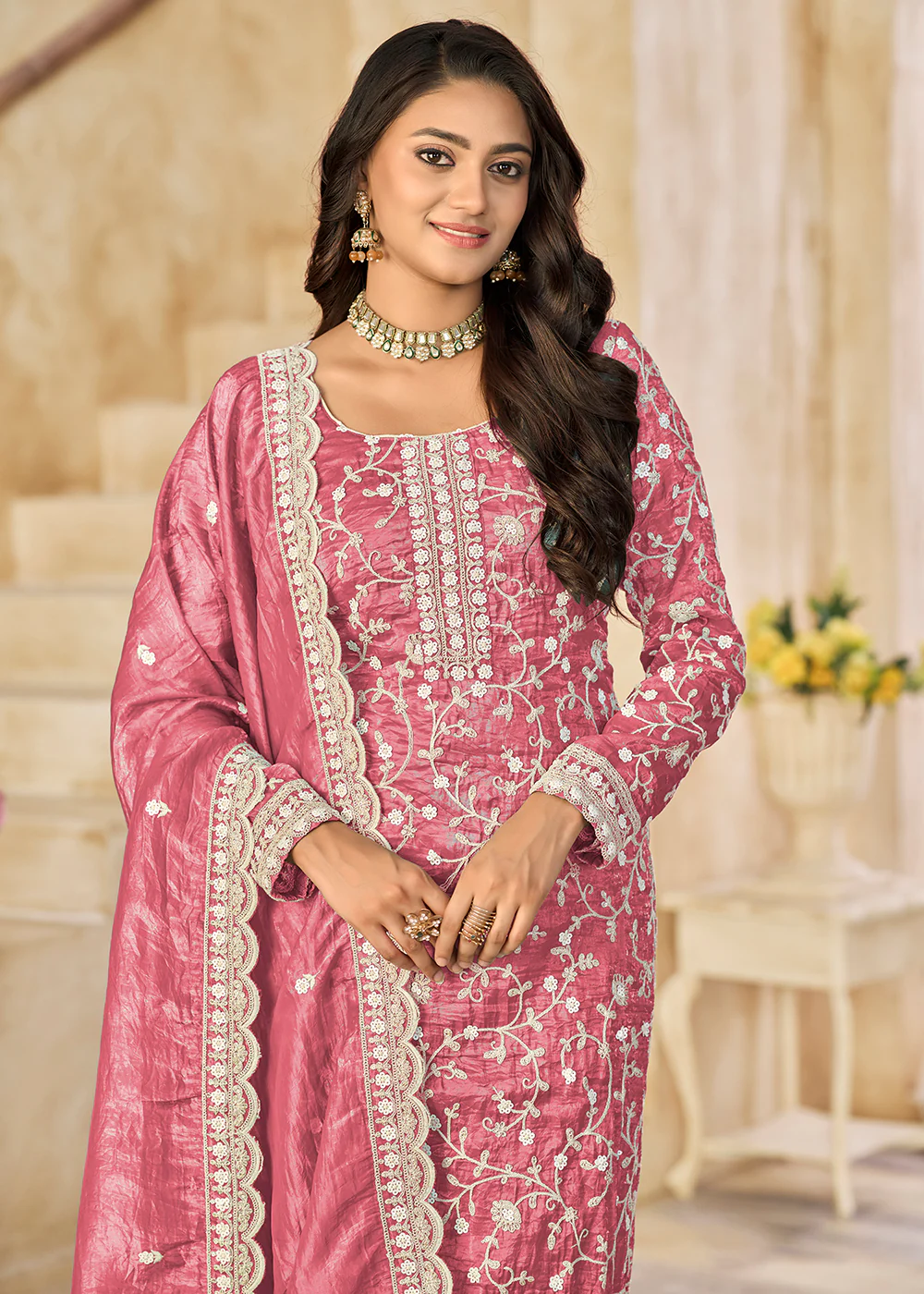 Amazing Pink Organza Material Pant Style Suit - Image 2