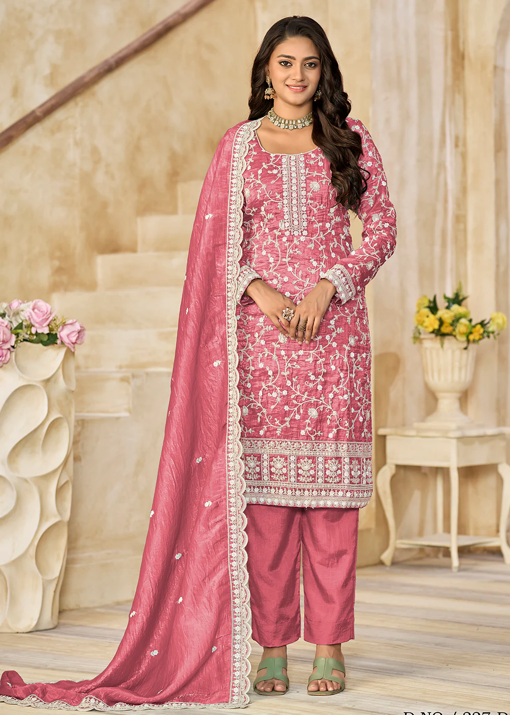 Amazing Pink Organza Material Pant Style Suit - Image 3