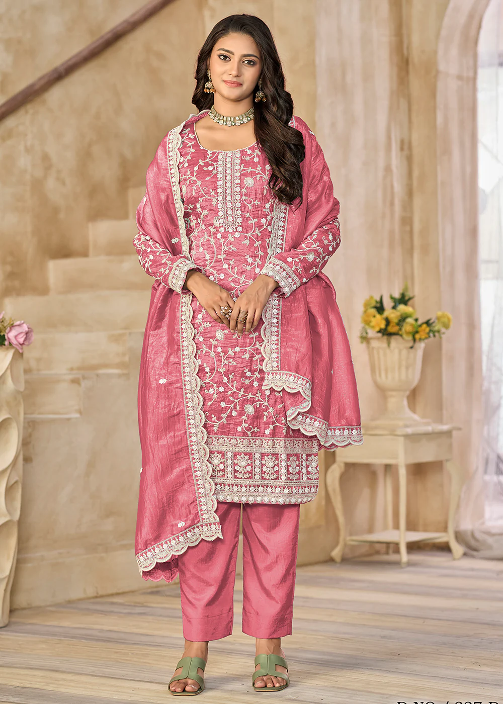 Amazing Pink Organza Material Pant Style Suit - Image 4