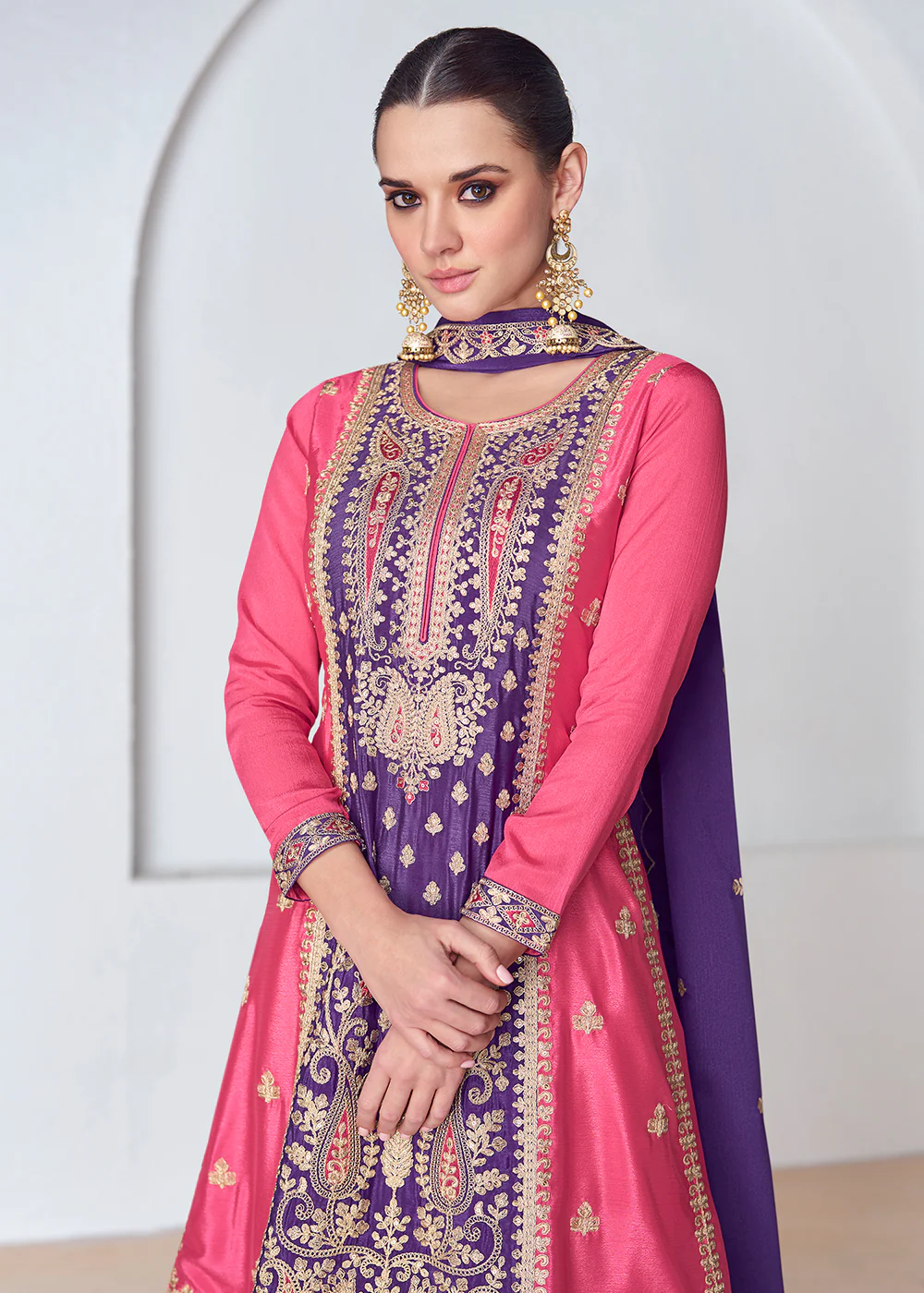 Amazing Pink & Purple Chinnon Silk Wedding Festive Palazzo Suit - Image 2