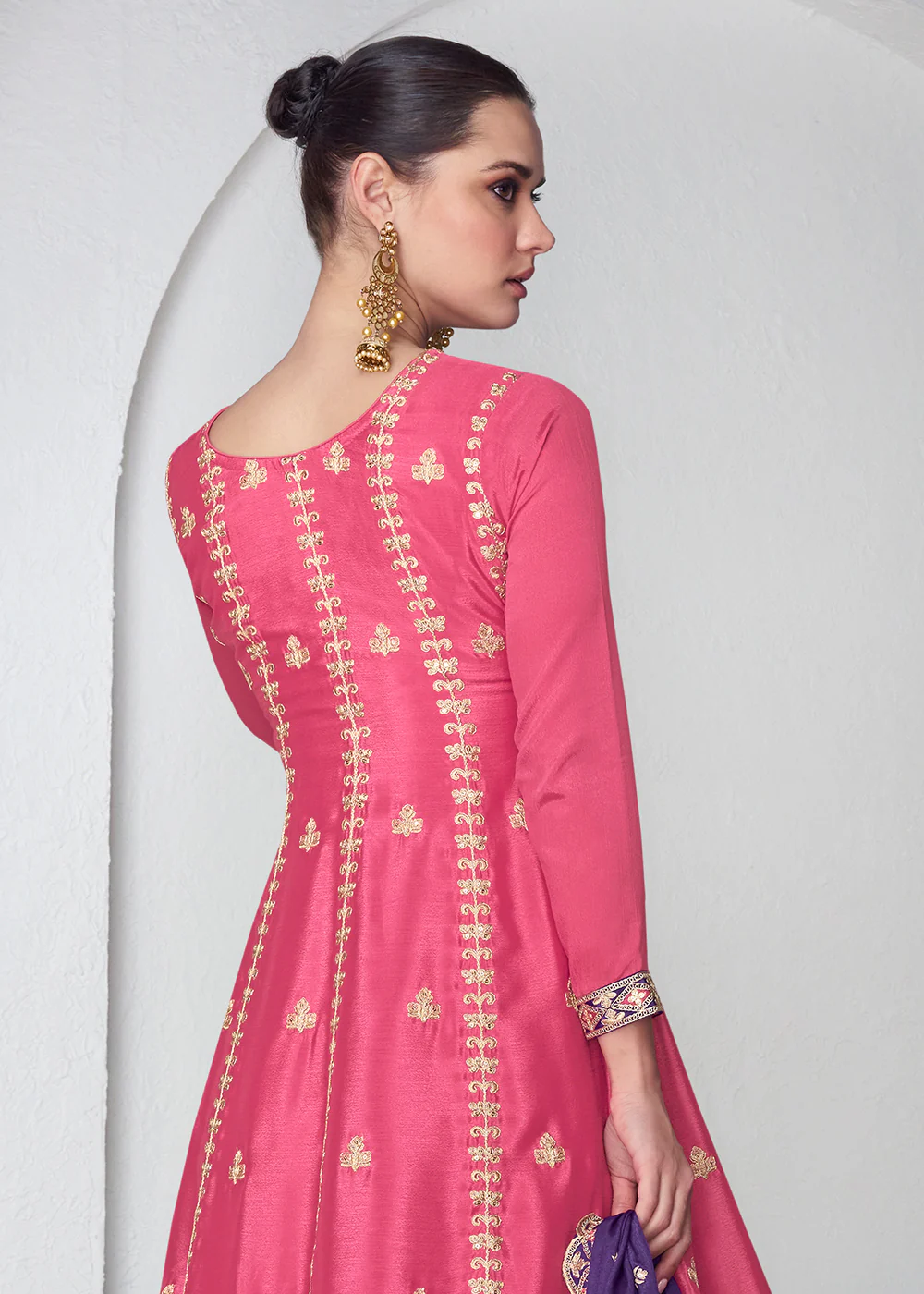 Amazing Pink & Purple Chinnon Silk Wedding Festive Palazzo Suit - Image 3