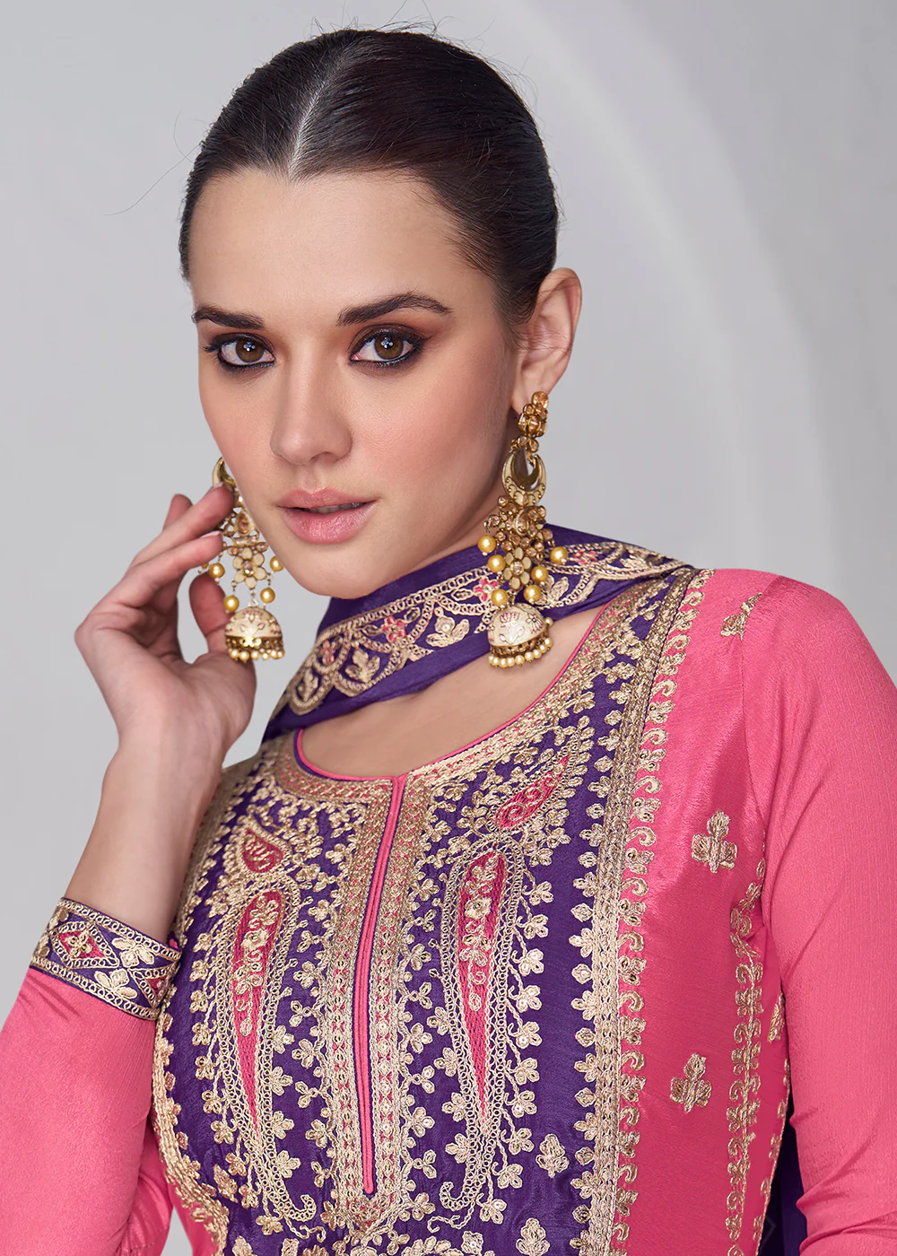 Amazing Pink & Purple Chinnon Silk Wedding Festive Palazzo Suit - Image 4