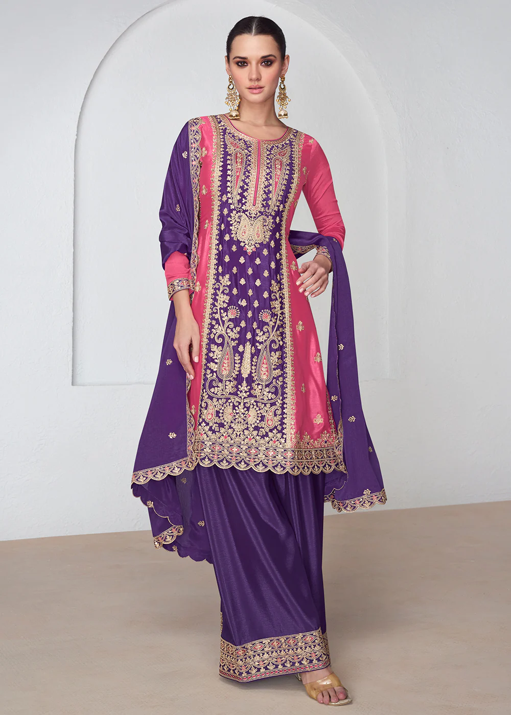 Amazing Pink & Purple Chinnon Silk Wedding Festive Palazzo Suit - Image 5