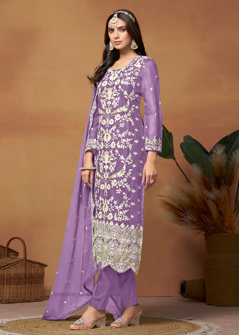 Amazing Purple Organza Embroidered Designer Salwar Suit - Image 3