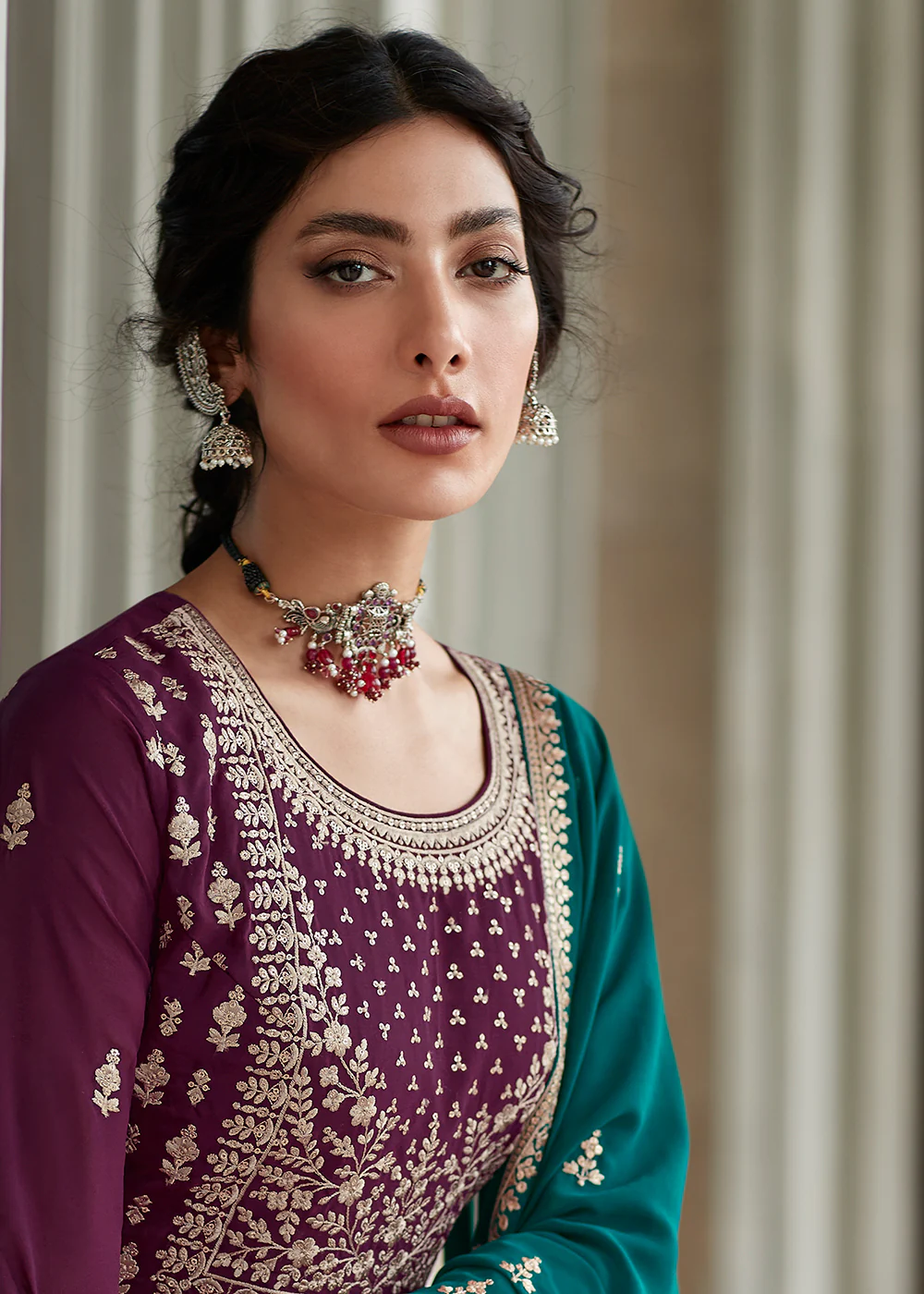Amazing Purple & Teal Sharara Top Style Lehenga Anarkali - Image 3