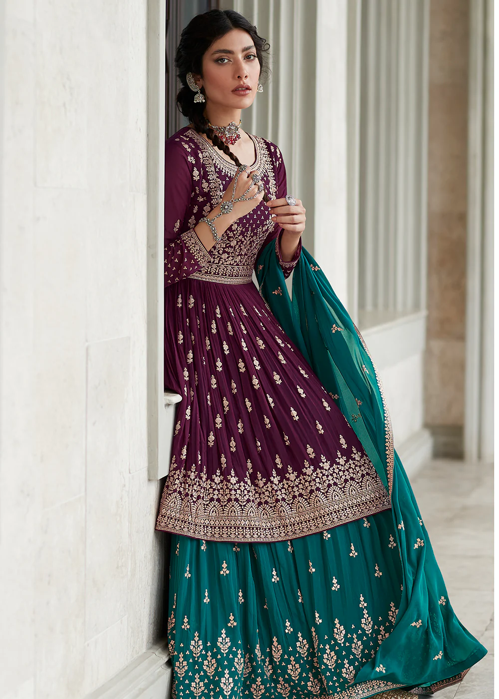 Amazing Purple & Teal Sharara Top Style Lehenga Anarkali - Image 4