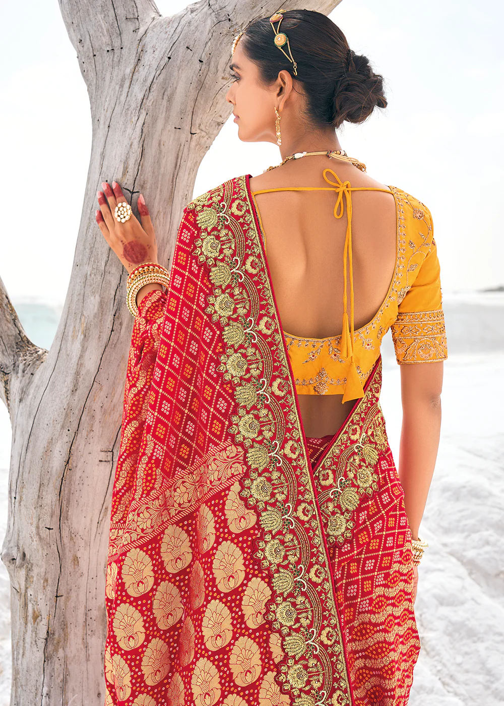 Amazing Red Georgette Wedding Bandhani Patola Saree - Image 3