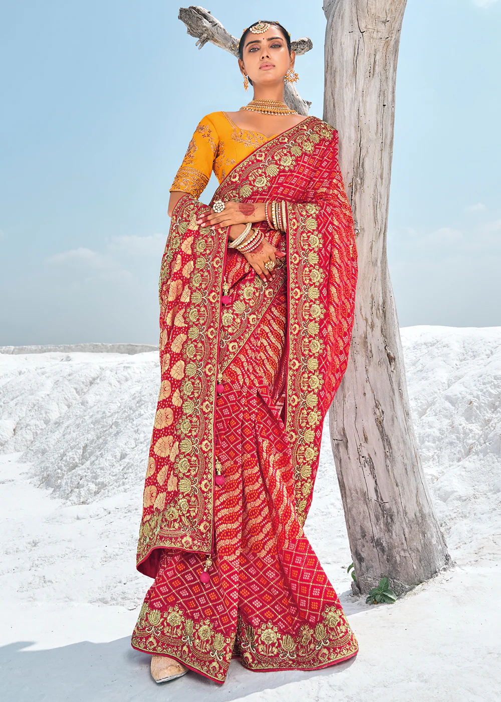 Amazing Red Georgette Wedding Bandhani Patola Saree - Image 4