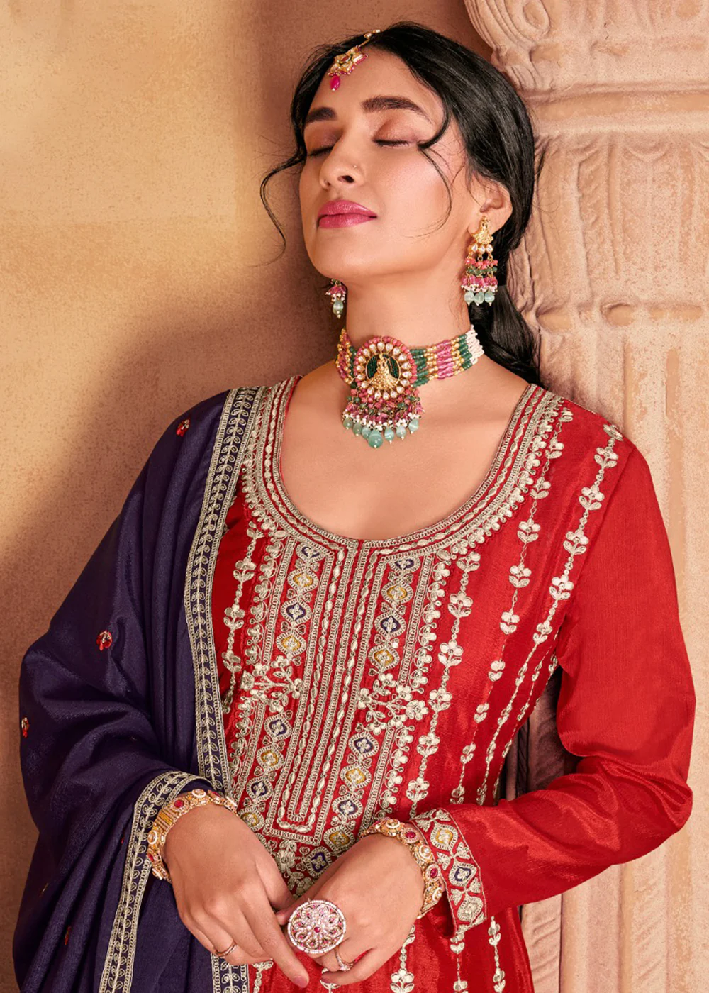 Amazing Red Heavy Chinnon Embroidered Palazzo Style Suit - Image 2