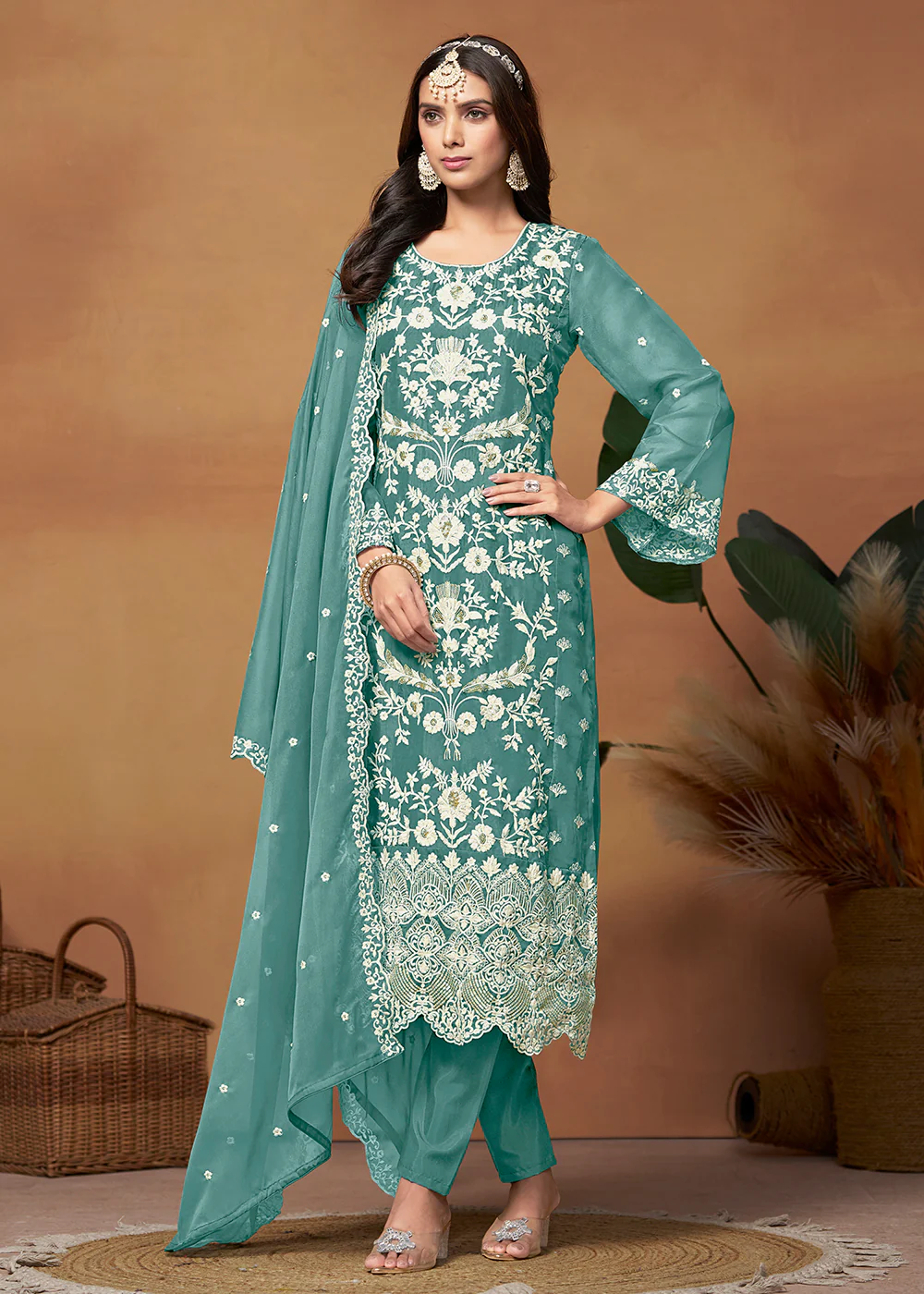 Amazing Sea Green Organza Embroidered Designer Salwar Suit