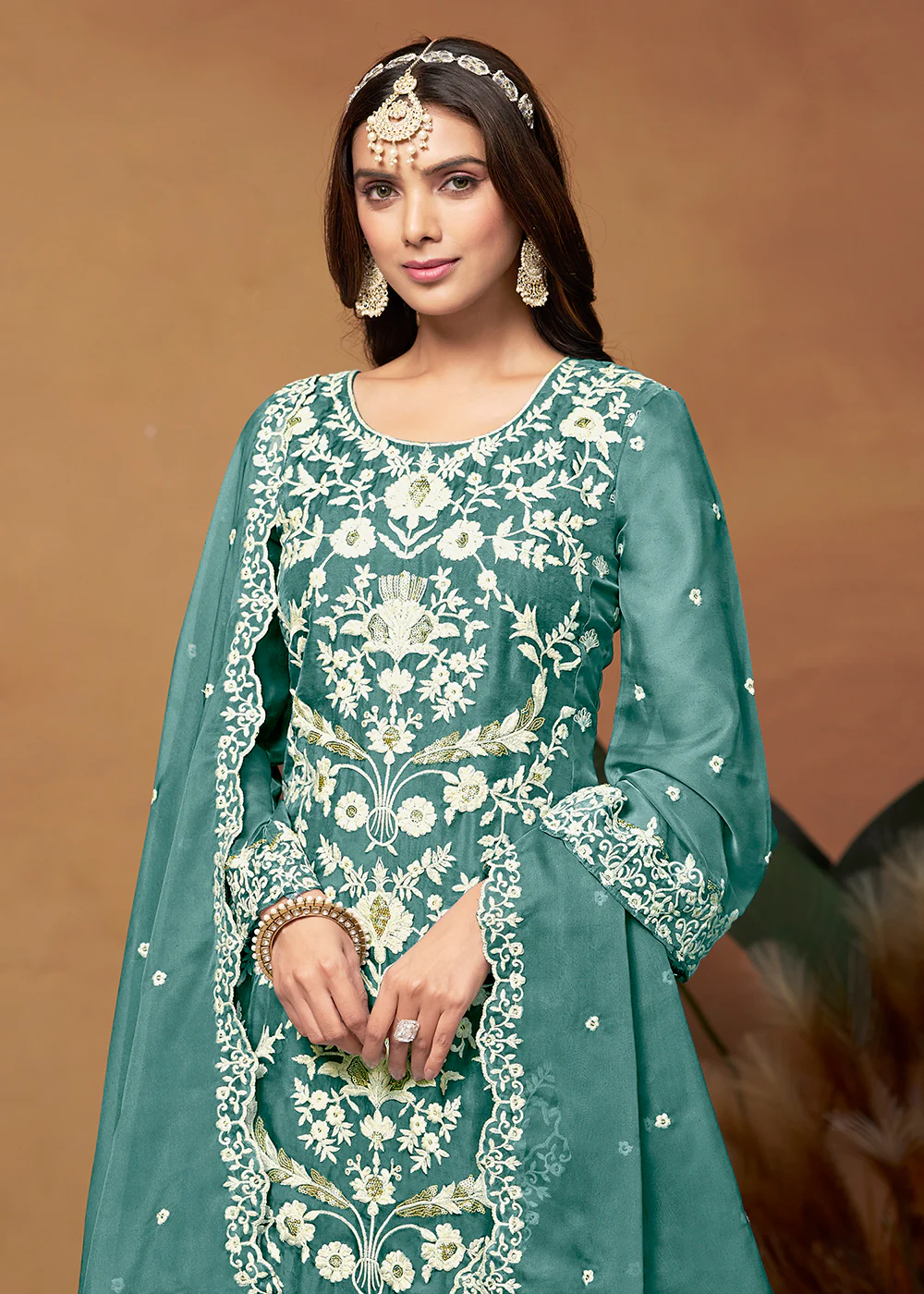 Amazing Sea Green Organza Embroidered Designer Salwar Suit - Image 2