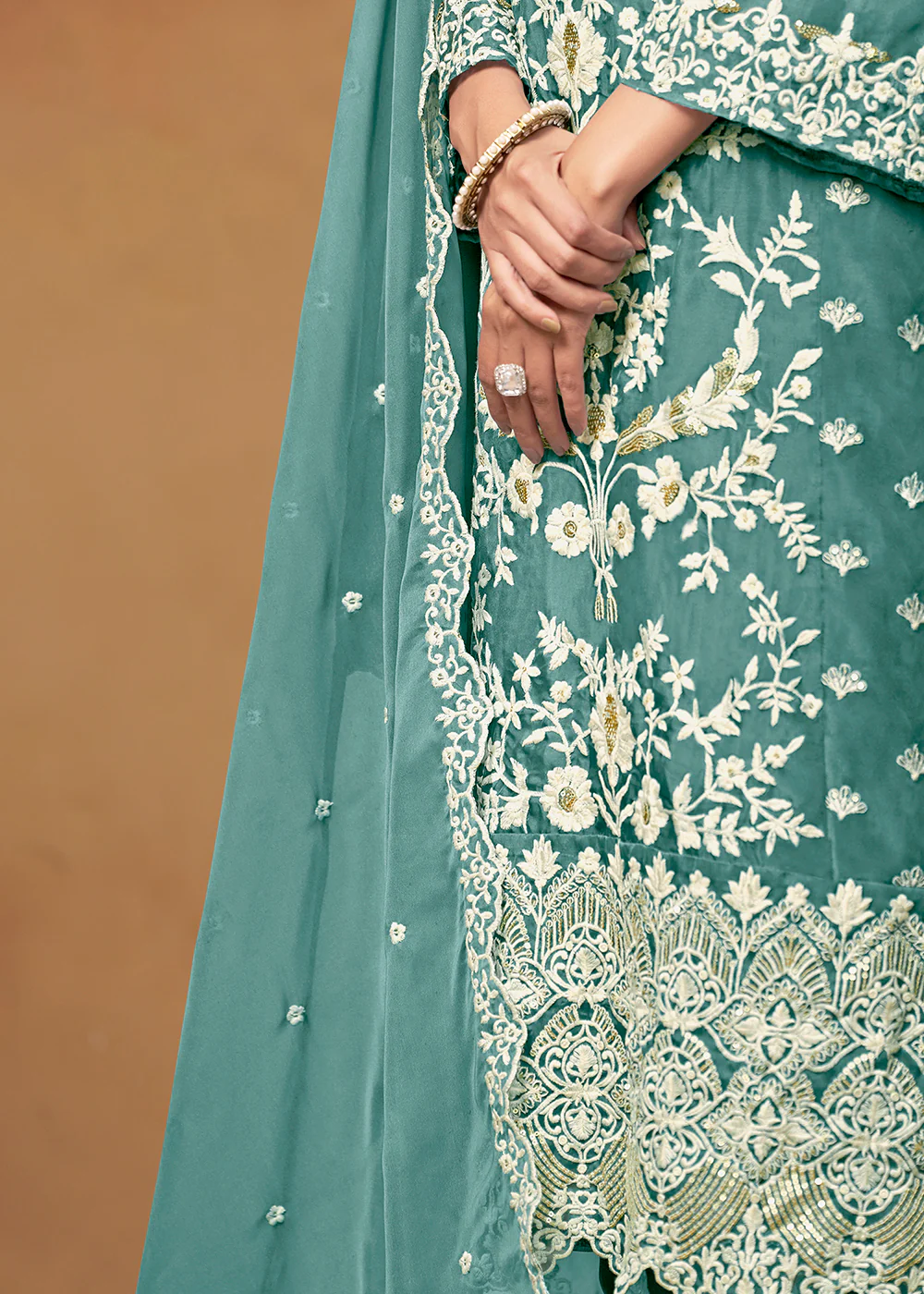 Amazing Sea Green Organza Embroidered Designer Salwar Suit - Image 4