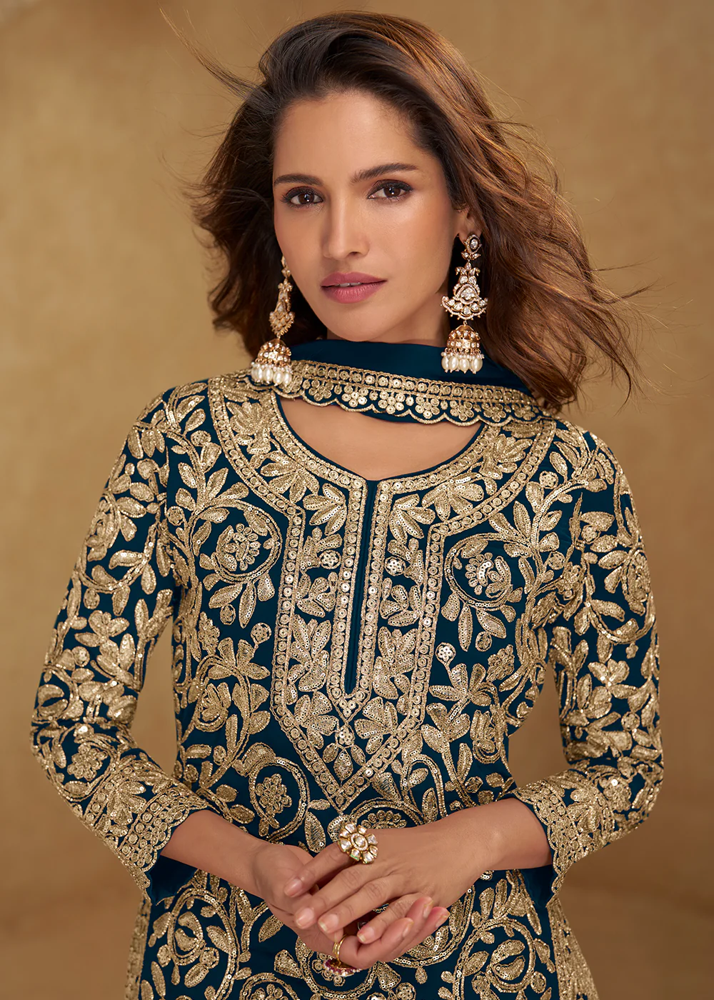 Amazing Teal Embroidered Georgette Palazzo Style Suit - Image 2